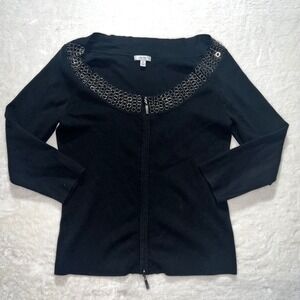 Cache Black Silk Blend Chain Neck Zip Up Cardigan Top Womens Medium Luxury Chic